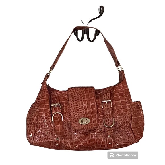 Orange Alligator Embossed Hobo Shoulder Bag Handbag Pockets Glossy Patent Finish - Picture 3 of 16